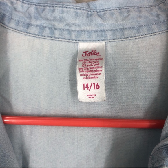 Girls Justice Frilly Dress, Soft Denim Top, Tulle Overlay W/Sequined Patches XL - Picture 9 of 10